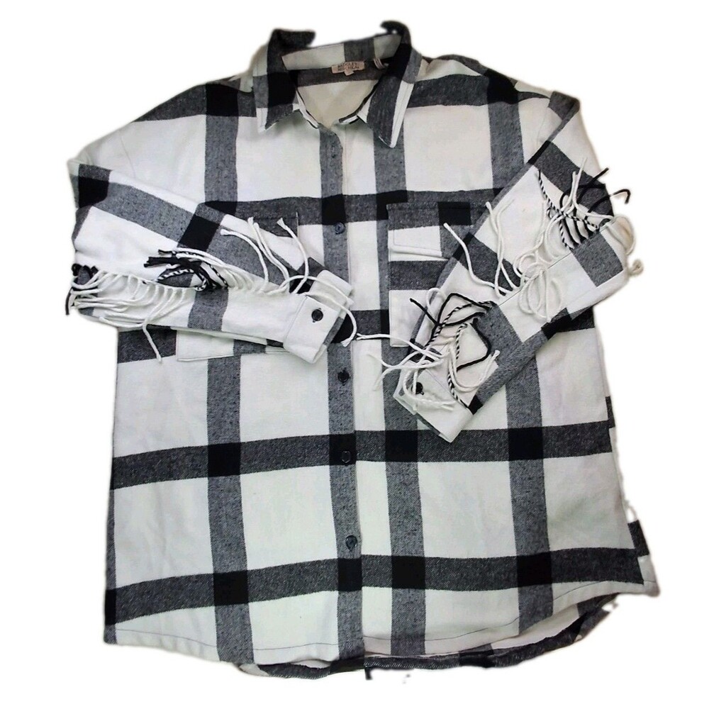 Badgley Mischka Sz XL Oversized Flannel Jacket Shacket Fringe Black Cream